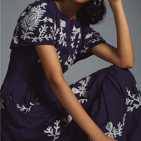 ANTHROPOLOGIE The Somerset Maxi Dress Embroidered Edition Navy Blue size XS P - Picture 10 of 10